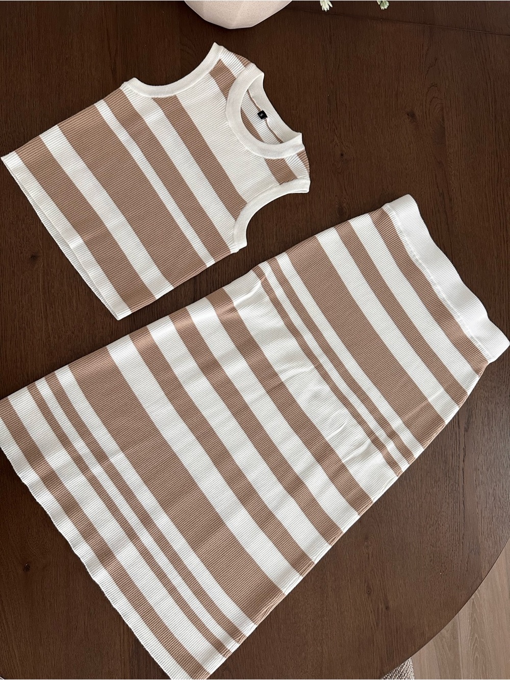 Striped Knit Tank & Skirt Set in white and Taupe